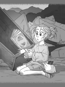 A little girl in hideous clothing looks at a magic book which is floating in front of her